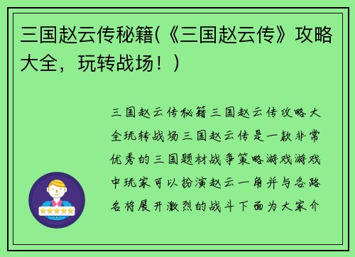 三国赵云传秘籍(《三国赵云传》攻略大全，玩转战场！)